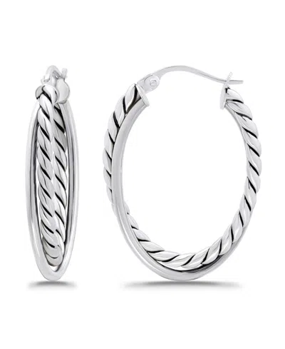 Macy's Oxidized Oval Two Row Polish Tubing Click Top Hoop Earrings In Silver