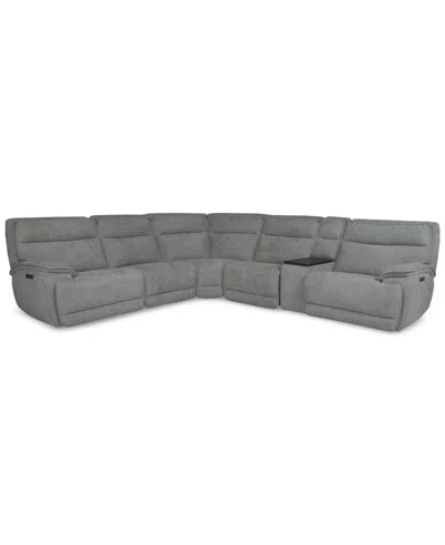Macy's Ozryn 6-pc. Fabric Sectional With Console And 3 Power Motion Chairs, Exclusively At  In Silver