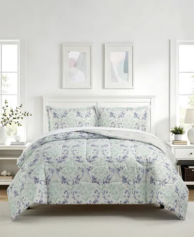 Macy's Painterly Damask Reversible Microfiber 3-piece Comforter Set In Green