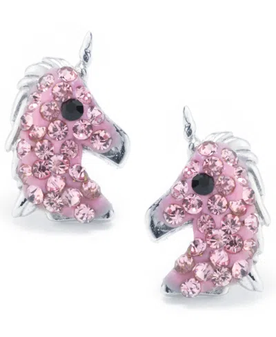 Macy's Pave Crystal Unicorn Stud Earrings In Sterling Silver In Pink