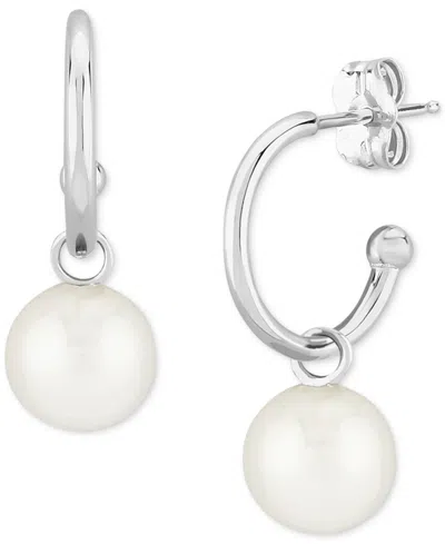 Macy's Pearl (6 Mm) Drop Hoop Earrings Set In 14k Yellow Gold In Metallic