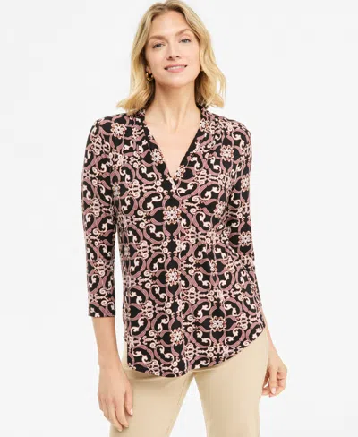Macy's Petite Paisley-print Scarf 3/4-sleeve V-neck T-shirt, Created For  In Deep Black