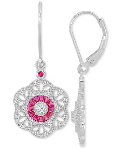 Macy's Pink & White Cubic Zirconia Openwork Flower Leverback Drop Earrings In Sterling Silver