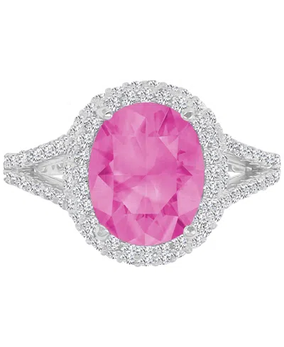 Macy's Pink & White Cubic Zirconia Oval Halo Split Shank Ring In Sterling Silver (also Available In Blue)