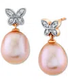 Macy's Pink Baroque Cultured Freshwater Pearl (9mm) & Diamond (1/10 Ct. T.w.) Butterfly Drop Earrings In 14 In Gold