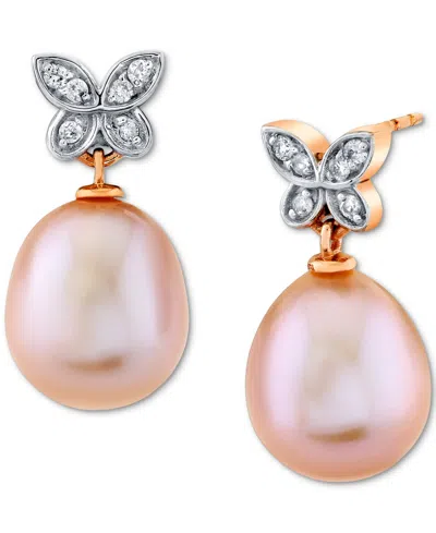 Macy's Pink Baroque Cultured Freshwater Pearl (9mm) & Diamond (1/10 Ct. T.w.) Butterfly Drop Earrings In 14 In Gold