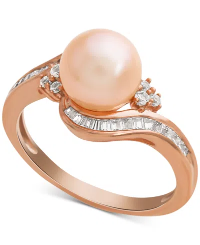 Macy's Pink Cultured Freshwater Pearl (8mm) & Diamond (1/4 Ct. T.w.) Swirl Ring In 14k Rose Gold In Yellow