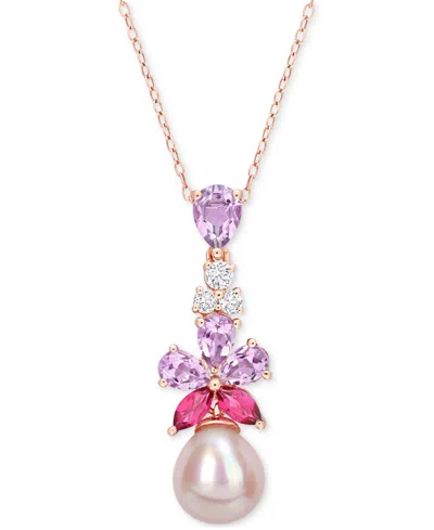 Macy's Pink Cultured Freshwater Pearl (9-1/2mm) & Multi-gemstone (2-3/8 Ct. T.w.) 18" Pendant Necklace In 1 In Rose Gold