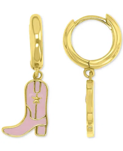 Macy's Pink Enamel Cowboy Boot Dangle Hoop Drop Earrings In 14k Gold-plated Sterling Silver