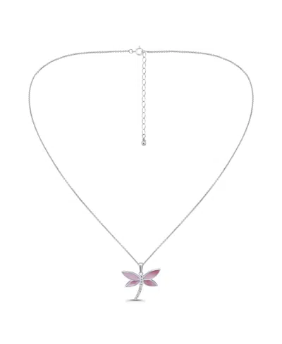 Macy's Pink Shell Inlay Fine Silver-plated Dragonfly Pendant Necklace In Silver,pink