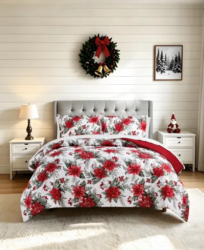 Macy's Pointsettia Soft Hand Feel 3-piece Comforter Set In Red