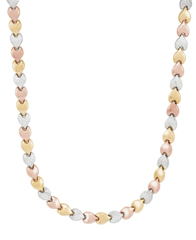 Macy's Polished & Textured Heart Stampato 17" Collar Necklace In 10k Tricolor Gold In Tri-color
