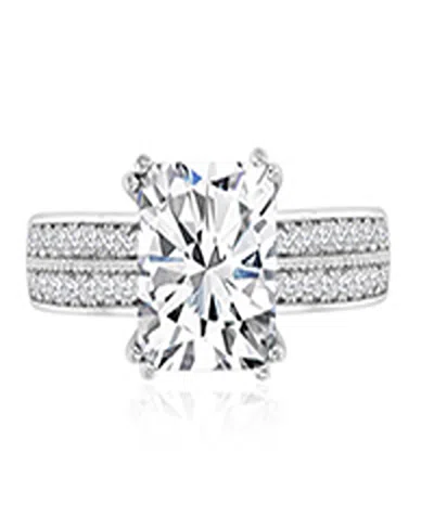 Macy's Polished Cubic Zirconia Emerald-cut Engagement Ring In Rhodium Over Sterling Silver In Pattern