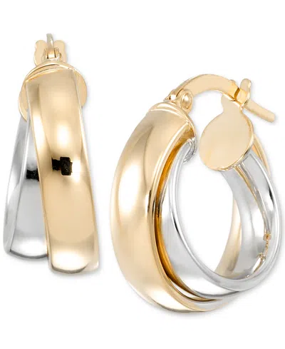 Macy's Polished Extra-small Interlocking Hoop Earrings In 10k White & Yellow Gold, 0.39"