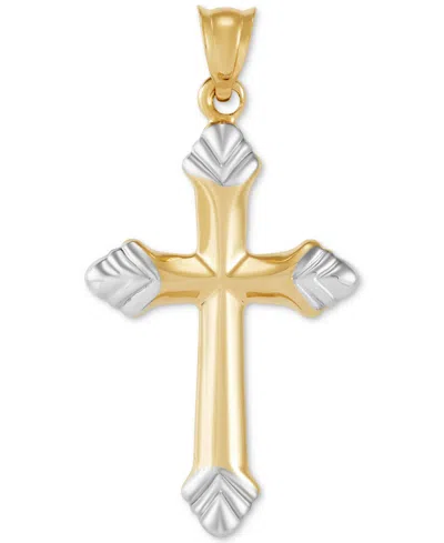 Macy's Polished Fleur De Lis Cross Pendant Necklace In 14k Two-tone Gold