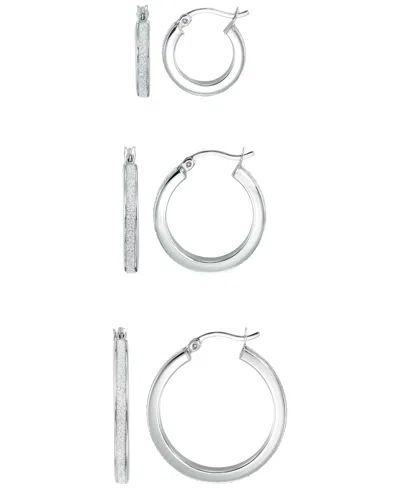 Macy's Polished Glitter 3-pc. Set Hoop Earrings In Sterling Sliver In Transparent