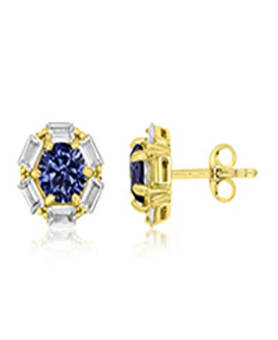 Macy's Polished Tanzanite & Cubic Zirconia Stud Earrings In 14k Yellow Gold Over Sterling Silver In Blue