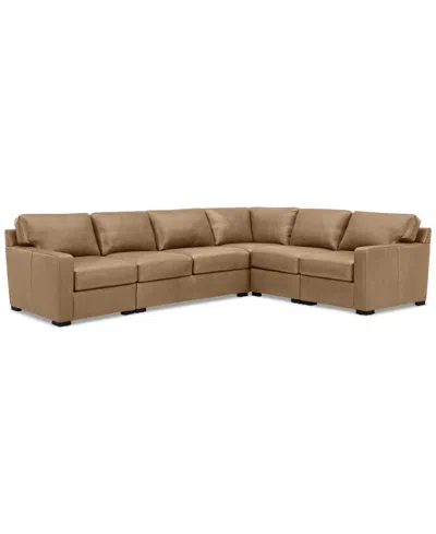 Macy's Radley 136" 5-pc. Leather Square Corner L Shape Modular Sectional In Light Natural