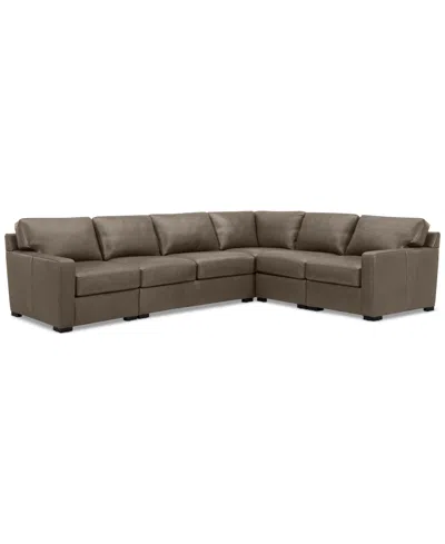 Macy's Radley 136" 5-pc. Leather Square Corner L Shape Modular Sectional In Medium Brown