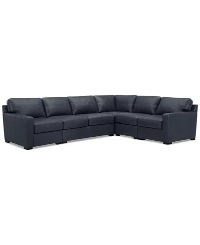 Macy's Radley 136" 5-pc. Leather Square Corner L Shape Modular Sectional In Navy