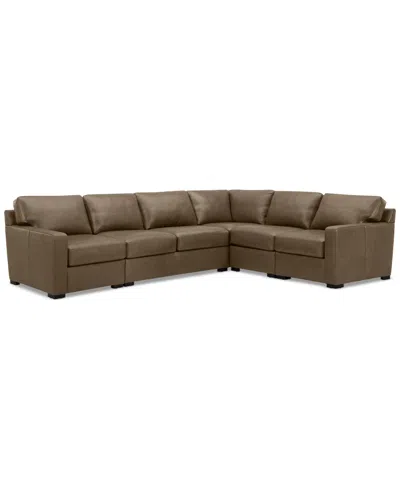 Macy's Radley 136" 5-pc. Leather Square Corner L Shape Modular Sectional In Sand