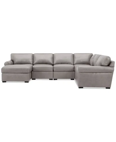 Macy's Radley Roll Arm 132" 6-pc. Leather Square Corner Chaise Sectional, Exclusively At  In Gray