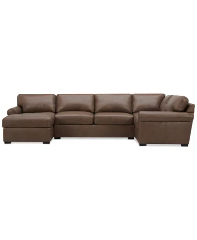 Macy's Radley Roll Arm 139" 4-pc. Leather Square Corner Chaise Sectional, Exclusively At  In Brown