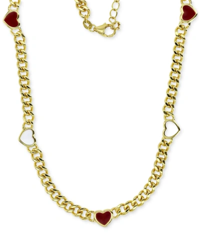 Macy's Red & White Enamel Heart Curb Link 18" Collar Necklace In 14k Gold-plated Sterling Silver