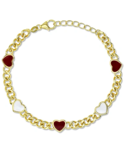 Macy's Red & White Enamel Heart Large Link Chain Bracelet In 14k Gold-plated Sterling Silver In Red  White