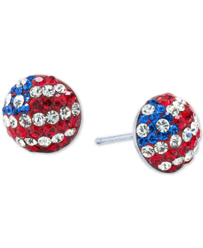 Macy's Red, White, & Blue Cubic Zirconia Pave Flag Stud Earrings In Sterling Silver