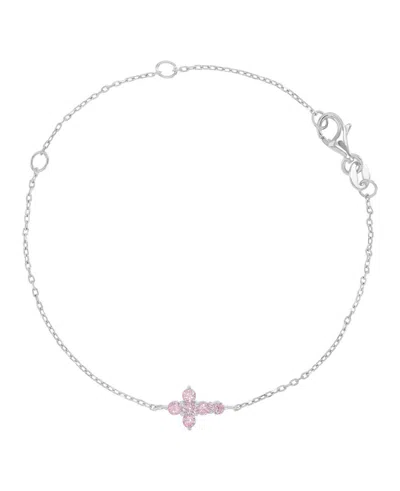 Macy's Rhodium Over Sterling Silver Pink Cubic Zirconia Cross Bracelet In White