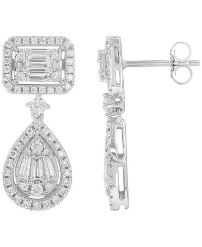 Macy's Round (0.88 Ct. T.w.) And Baguette (0.62 Ct. T.w.) Diamond Drop Earrings In 14k White Gold In Metallic