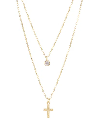 Macy's Round Cubic Zirconia & Cross Two Row Pendant Necklace, 18" + 2" Extender In Gold
