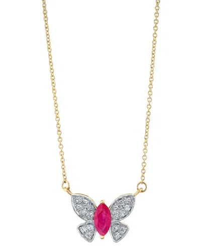 Macy's Ruby (1/2 Ct. T.w.) & Diamond (1/5 Ct. T.w.) Butterfly 18" Pendant Necklace In 14k Yellow Gold