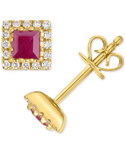 Macy's Ruby (1/2 Ct. T.w.) & Diamond (1/8 Ct. T.w.) Square Halo Stud Earrings In 14k Gold