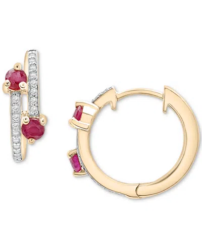 Macy's Ruby (1/3 Ct. T.w.) & Diamond (1/10 Ct. T.w.) Bypass Small Hoop Earrings In 14k Gold-plated Sterling
