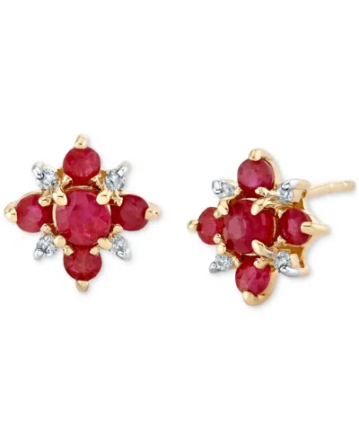 Macy's Ruby (3/4 Ct. T.w.) & Diamond Accent Flower Cluster Stud Earrings In 10k Gold In Red