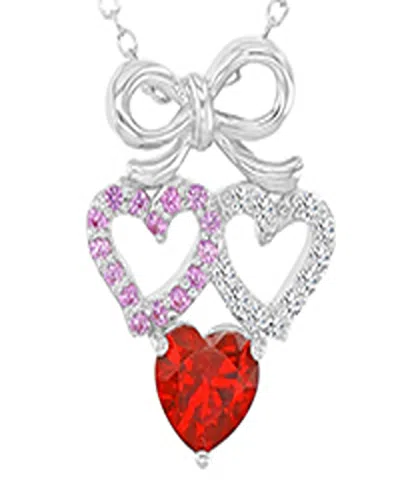 Macy's Ruby And Created White Sapphire Bow With Hearts Necklace In Rhodium Over Sterling Silver In Pink