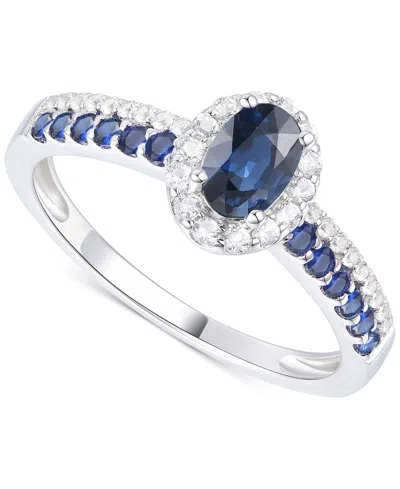Macy's Sapphire (7/8 Ct. T.w.) & Diamond (1/5 Ct. T.w.) Oval Halo Ring In Sterling Silver
