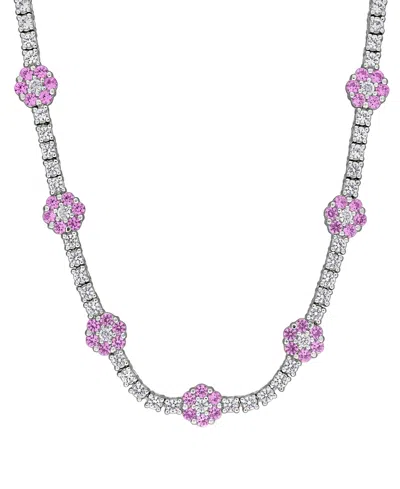 Macy's Sapphire (7/8 Ct. T.w.) And White Sapphire (5-7/8 Ct. T.w.) Floral Necklace In Sterling Silver In Pink