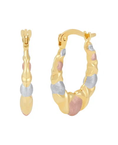 Macy's Satin Polished Triple Tone Graduated Xoxo Oval Hoop Earrings In 10k Yellow Gold, Rose Gold And Rhodi