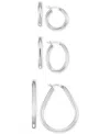 Macy's Set Of Three Hoop Earrings In 14k Yellow Gold Vermeil And Sterling Silver In Silver