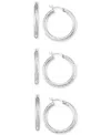 Macy's Set Of Three Textured Hoop Earrings In 14k Tri-gold Vermeil And Sterling Silver In Silver