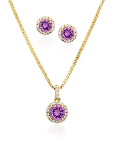 Macy's Set Simulated Cubic Zirconia Round Halo Pendant Necklace With Matching Earrings 2-piece Set In Gold,amethyst