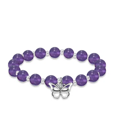Macy's Silver Plated Beaded Butterfly Charm Stretch Bracelet In Amethyst,silver