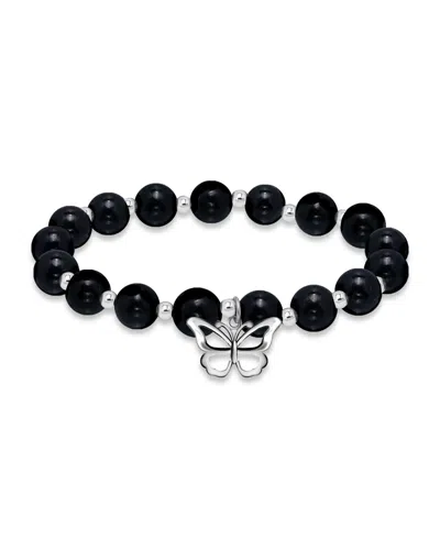 Macy's Silver Plated Beaded Butterfly Charm Stretch Bracelet In Onyx,silver