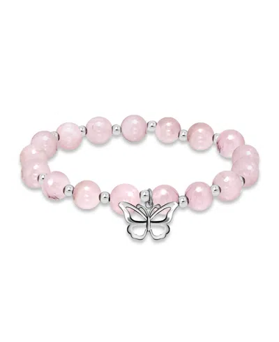 Macy's Silver Plated Beaded Butterfly Charm Stretch Bracelet In Rose Quartz,silver