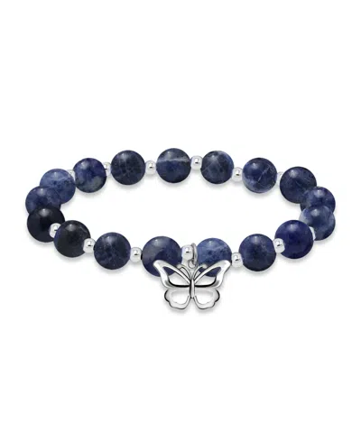 Macy's Silver Plated Beaded Butterfly Charm Stretch Bracelet In Sodalite,silver