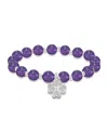 Macy's Silver Plated Beaded Clover Charm Stretch Bracelet In Amethyst,silver