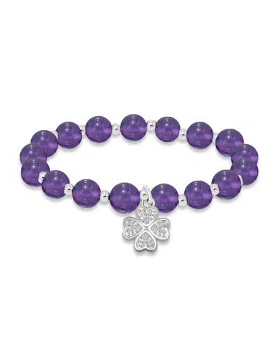 Macy's Silver Plated Beaded Clover Charm Stretch Bracelet In Amethyst,silver